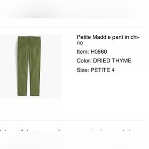 J.CREW PETITE MADDIE PANT IN CHINO (Dried Thyme color)